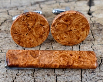 Matching Wood Tie Clip and Cuff Link Set - Afzelia Burl - Custom Engraved - 2inch Long Tie Bar - Stainless Steel - Groomsmen Gift