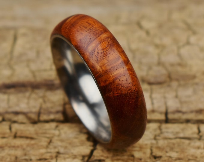 Handmade Bloodwood Burl Ring: Stainless Steel Core, Size 12