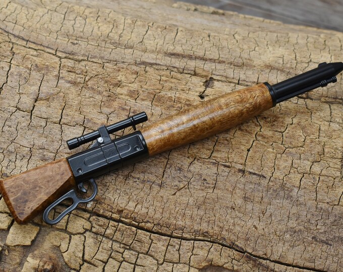 Satinwood Burl Rifle Pen: Hand Carved Lever Action Click Pen