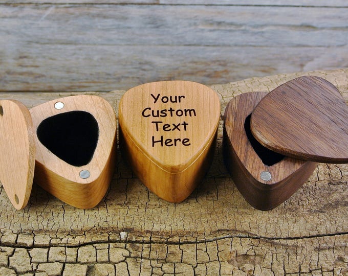 Custom Engraved Wood Guitar Pick Box: Magnetic Closure - Can hold up to 5 Picks
