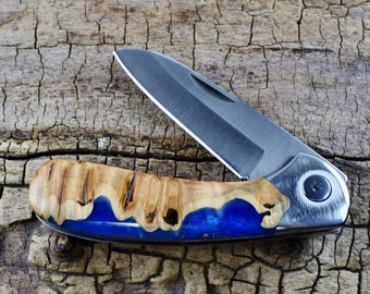Resin Wood Pocket Knife with Wood Handle - Maple Burl Wooden Handle - Wood Pocket Knife - Hunting Knife -