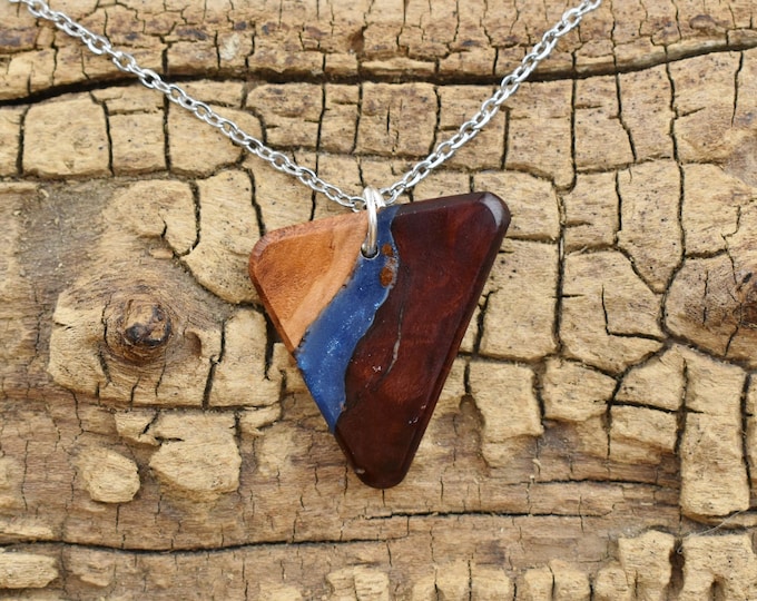 Resin and Manzanita Burl Pendant Necklace, Transparent Blue Resin Wood Necklace 24 inch Long Chain