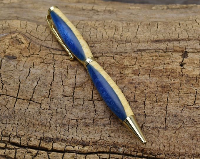 Cobalt Blue Resin Box Elder Burl Wood Pen - Gold Finish