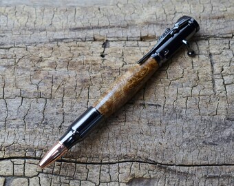 Rare Wood Bolt Action Pen - Southeast Asian Satinwood Burl - Wood Carving - Gun Metal Bolt Action Pen - Hand Carved Wood Pen