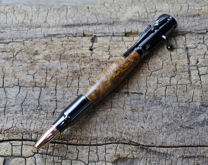 Hand Carved Wood Bolt Action Pen – Satinwood Burl, Gun Metal Finish