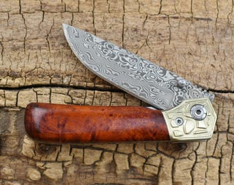 Damascus Pocket Knife - Bloodwood Burl Handle, Linerlock Folder