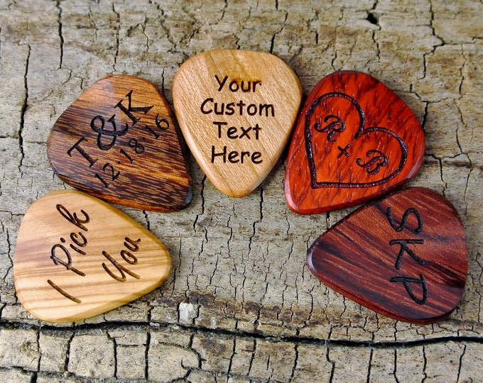 Featured listing image: Custom Wood Guitar Pick - Handmade Wood Guitar Pick -  Engraved Wooden Guitar Pick- Personalized Wood Guitar Pick - 1 Wood Guitar Pick