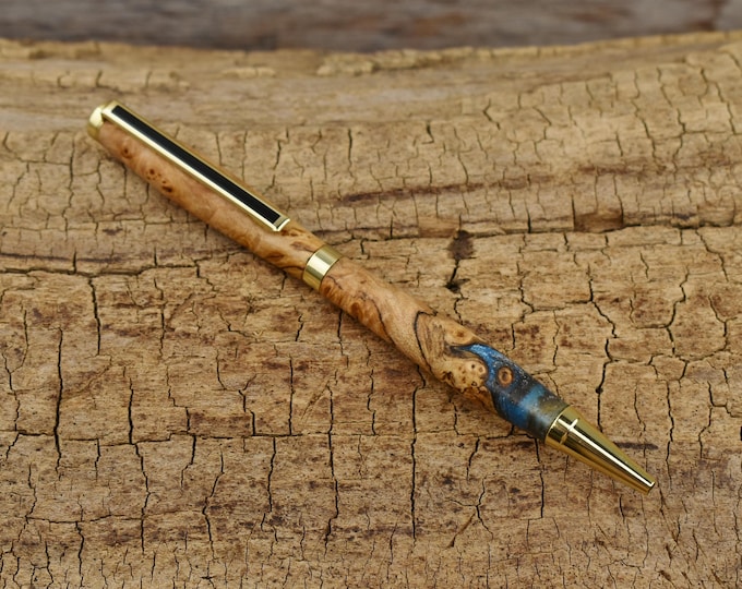 Blue Aluminum Resin Maple Burl Pen – Gold Slimline Twist Writing Instrument