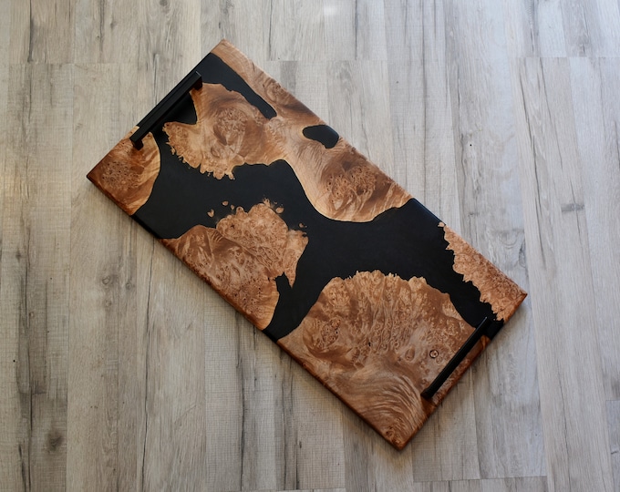 Handcrafted Maple Burl Charcuterie Board: Black Onyx Resin, Live Edge