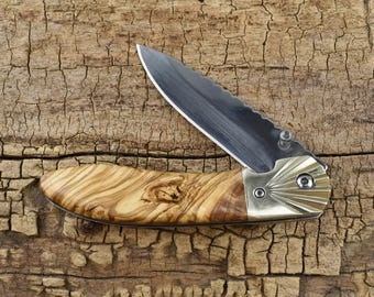 Pocket Knife with Italian Olivewood Handle - Wood Pocket Knife -  Hunting Knife