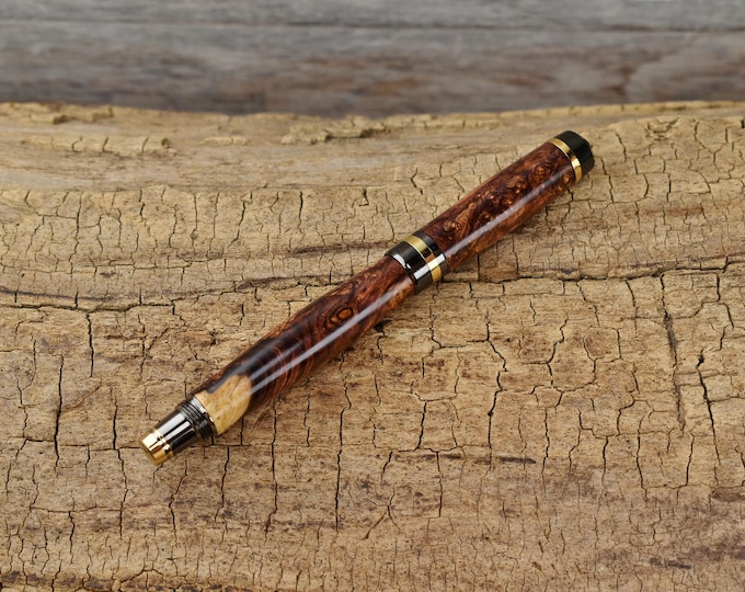 Handmade Honduran Rosewood Burl Fountain Pen, Gold and Gun Metal