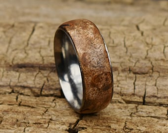Maple Burl Wood Ring - Stainless Steel Core - Size 9 - 8MM (0.31 inches) Wide - Wedding Ring - Wedding Band