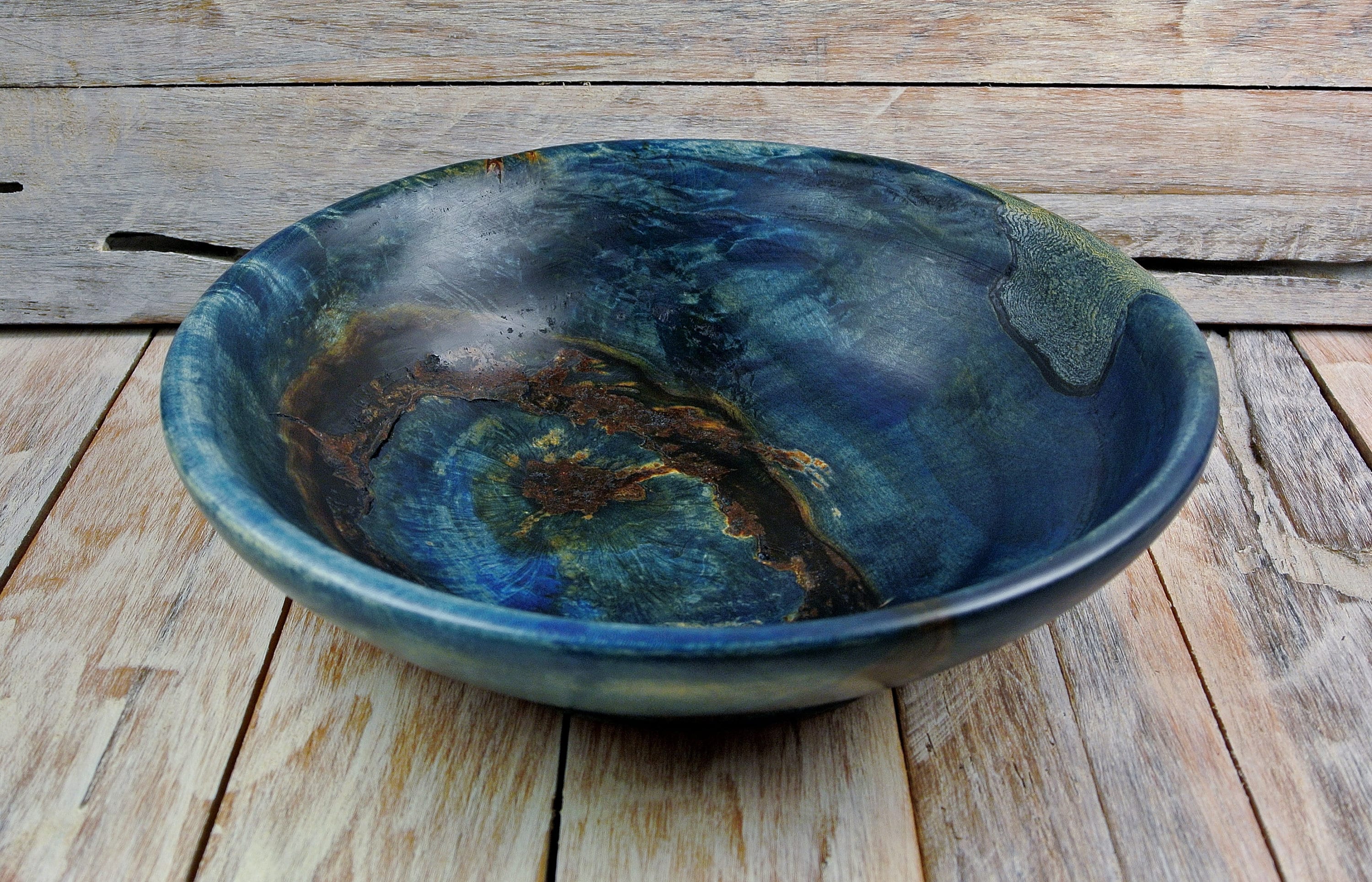 Figured Sugar Maple Dyed Blue Bowl Wooden Centerpiece Bowl Rustic