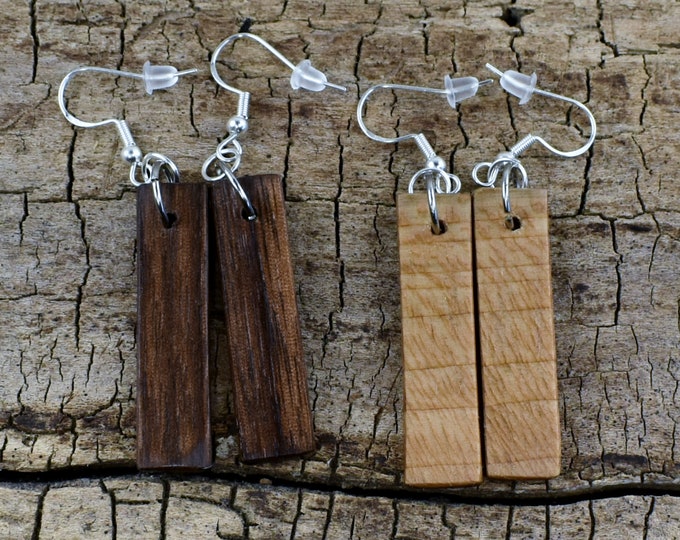 Handmade Walnut & Sycamore Wood Earrings: Engravable, Two Lengths