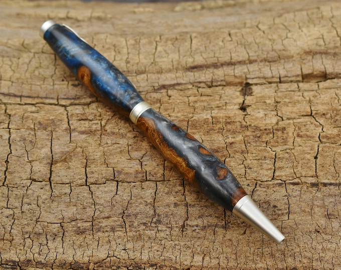 Blue Resin Elm Burl Wood Pen - Satin Pearl Finish