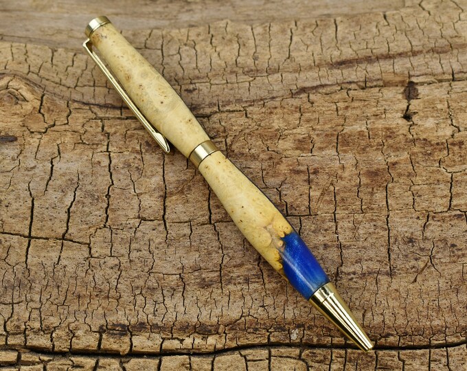 Cobalt Blue Resin Box Elder Burl Wood Pen - 24kt Gold Finish