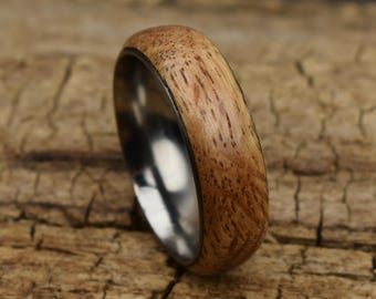 Figured Oak Wood Ring - Stainless Steel Core - Size 12 1/2 - 8MM (0.31 inches) Wide - Wedding Ring - Wedding Band