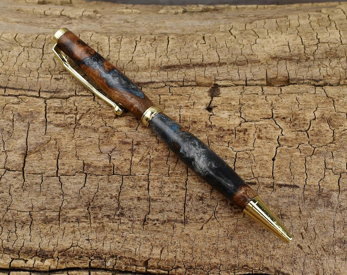 Blue Resin Elm Burl Wood Pen - Gold Plated Finish - Slimline Twist Pen