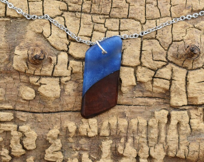 Resin and Manzanita Burl Pendant Necklace, Transparent Blue Resin Wood Necklace 24 inch Long Chain