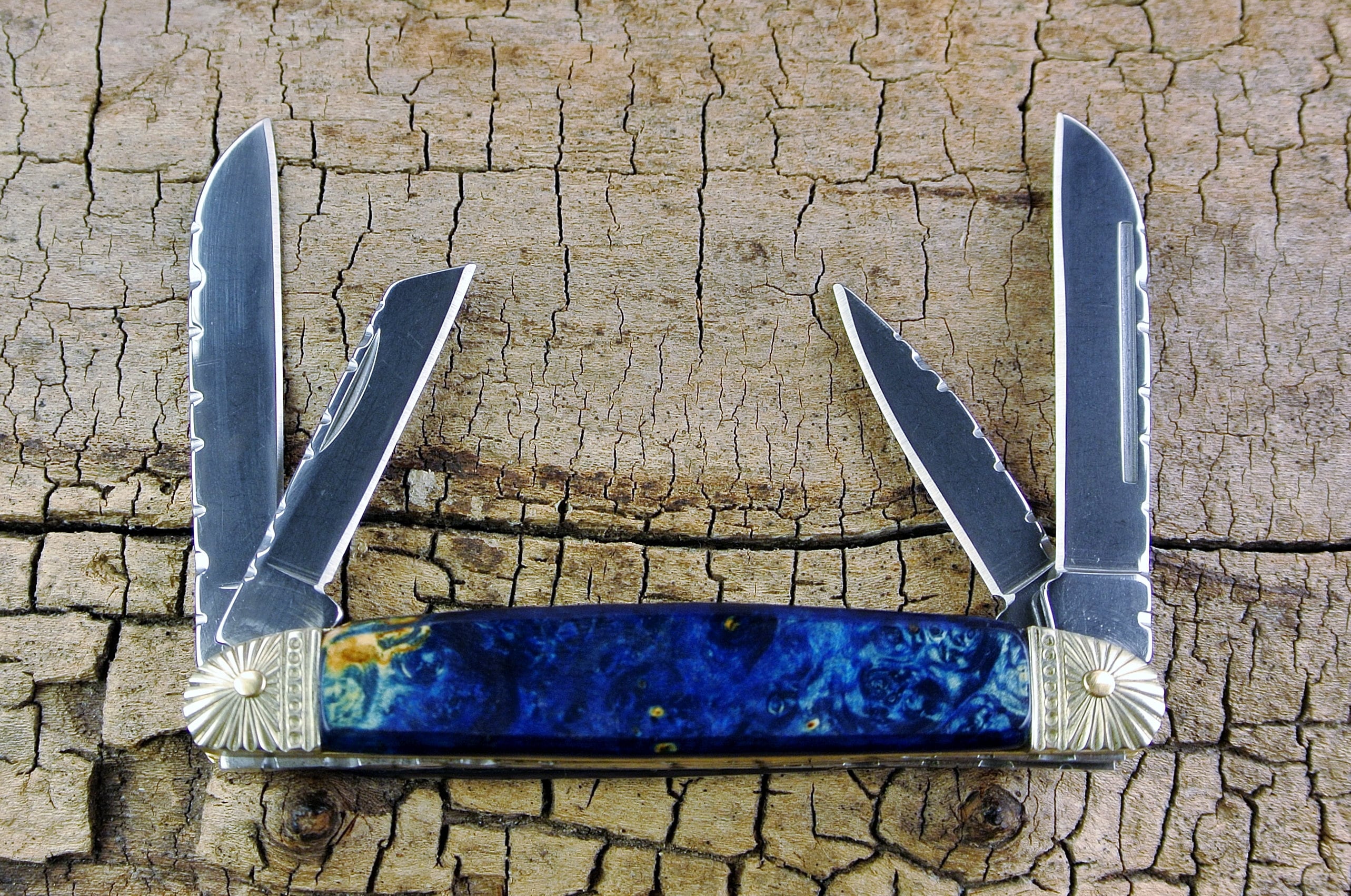 Pocket Knife with Wood Handle Box Elder Burl (Dyed Blue) Wooden