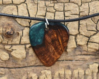 Honduran Rosewood Burl Emerald Green Resin Wood Guitar Pick Pendant Necklace - Handmade Pendant - Rare Wood Necklace - 18-20inch Adjustable