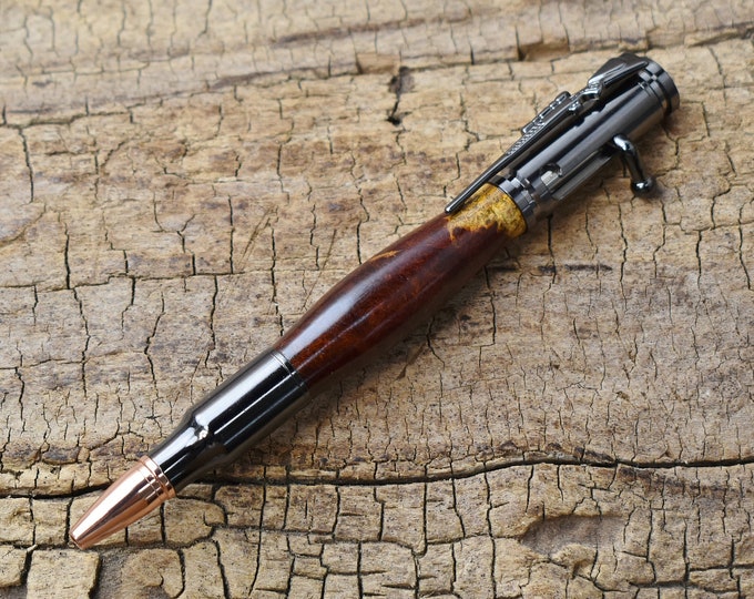 Hand Carved Bloodwood Burl Bolt Action Pen – Gun Metal Finish