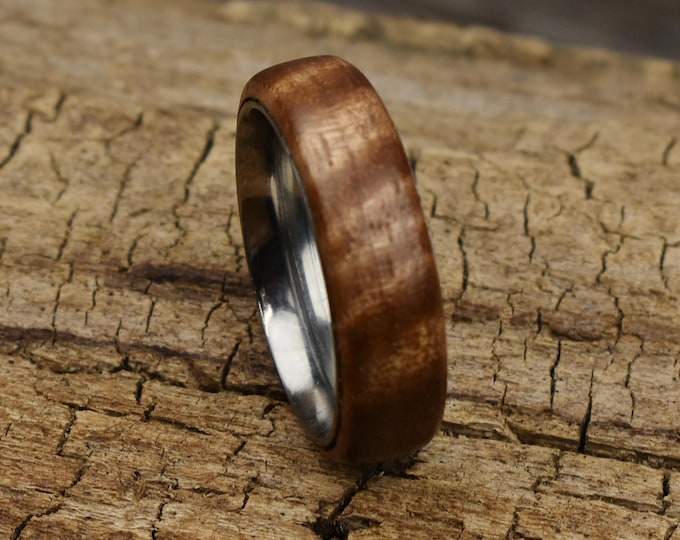 Handmade Curly Satinwood Ring - Stainless Steel Core - Size 13