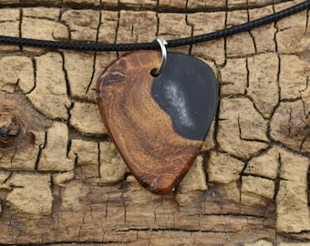 Elm Burl Guitar Pick Pendant Necklace: Aluminum Resin, Handmade