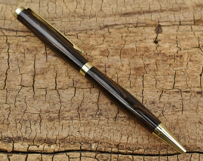 Ziricote Wood Pen: 24kt Gold Finish, Slimline Twist Pen