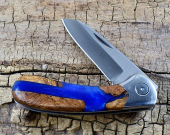 Resin Wood Pocket Knife with Wood Handle - Black Oak Burl Wooden Handle - Wood Pocket Knife - Hunting Knife -