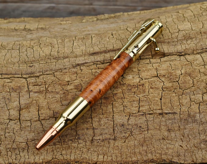 Hand Carved Afzelia Burl Bolt Action Pen - Gold Finish