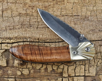 Pocket Knife with Hawaiian Curly Koa Wood Handle - Wood Pocket Knife -  Hunting Knife