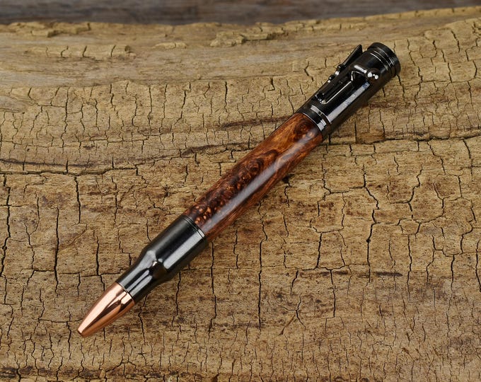 Handcrafted Honduran Rosewood Burl Bolt Action Pen, 30 Caliber Replica