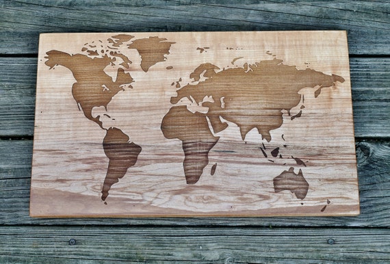 World Map - Engraved on Figured Sugar Maple Wood - Wooden World Map - Solid  Slab Map - World Map Art - 12 x 20 Inches