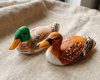 Lucky Duck Couple Figurine | Mallard Drake and Hen Wood Carving | His and Hers Anniversary Gift | Desk Pet Pair | Rustic Wedding Decor