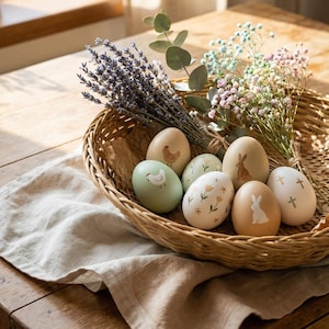 Puede incluir: Una cesta de mimbre contiene huevos de Pascua decorados con diseños florales, de gallina y de conejito. Los huevos son en tonos beige y verde. Lavanda y flores coloridas están dispuestas alrededor de los huevos.