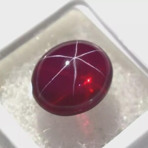 Può includere: Una gemma cabochon di forma ovale color rosso intenso, caratterizzata da un distinto motivo a stella a sei punte sulla superficie lucida. La pietra è inserita in una custodia quadrata bianca, che ne mette in risalto il colore cremisi.
