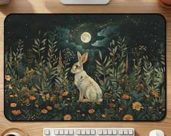 Dark Cottagecore Desk Mat | Forest Bunny Mousepad | Cubicle Decor