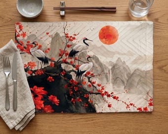 Japanese Crane Quilted Washable Fabric Placemat