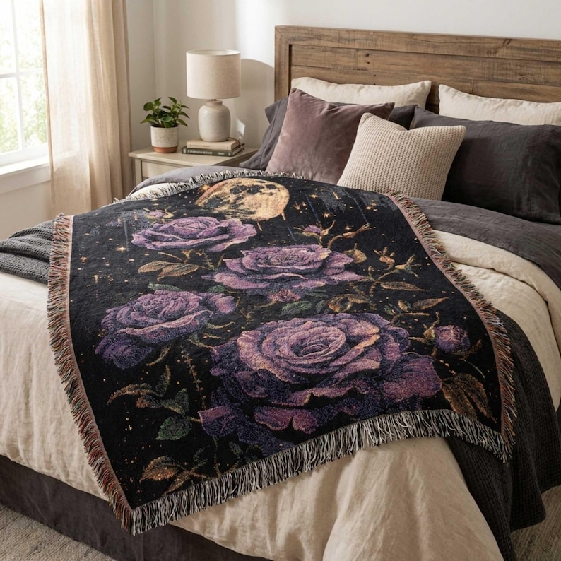 Dark Fairytale Decor | Purple Roses Woven Blanket | 100% Cotton image 3