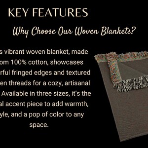 May include: A woven blanket with colorful fringed edges and textured threads. The blanket is made of 100% cotton and is a warm accent piece. The text on the image reads "Key Features" and "Why Choose Our Woven Blankets?"