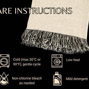 May include: Image displaying care instructions for a fringed textile. Text reads "CARE INSTRUCTIONS" above icons and text detailing washing instructions: cold water (max 30&deg;C or 90&deg;F), gentle cycle, low heat, non-chlorine bleach as needed, and mild detergent.
