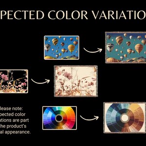 May include: Image showcasing expected color variations of a product. The image includes examples of the product with different color schemes, such as hot air balloons, floral patterns, and color palettes. Text on the image states that color variations are part of the product's natural appearance.