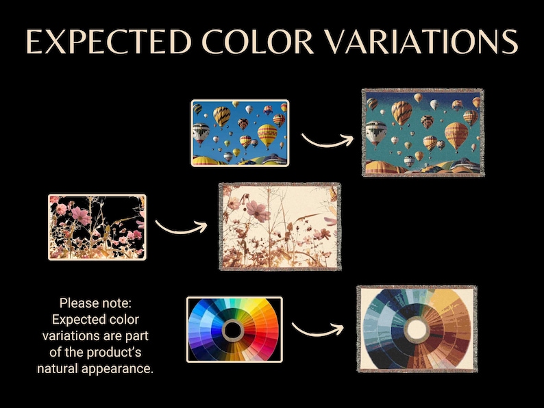 May include: Image showcasing expected color variations of a product. The image includes examples of the product with different color schemes, such as hot air balloons, floral patterns, and color palettes. Text on the image states that color variations are part of the product's natural appearance.