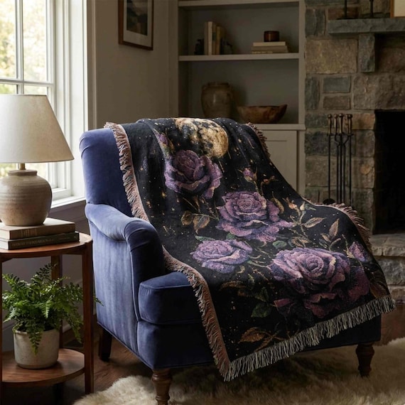Dark Fairytale Decor | Purple Roses Woven Blanket | 100% Cotton
