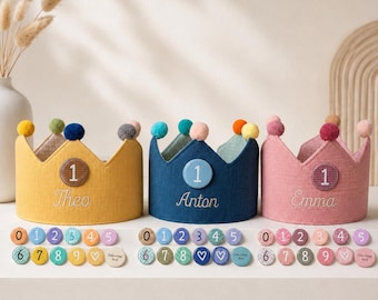 Geburtstagskrone personalisiert für Baby- und Kindergeburtstag Stoffkrone aus Musselin Party Krone mit gesticktem Namen Geschenk Geburt Baby