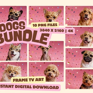 Pode incluir: Um pacote de download digital com dez imagens de cães usando óculos 2026, em um fundo rosa com confetes. O texto "DOGS BUNDLE" é exibido em destaque, juntamente com "FRAME TV ART" e "INSTANT DIGITAL DOWNLOAD".