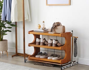 3-Tier Bamboo Shoe Rack Organizer, Entryway Storage Cabinet, Natural Wood Shelves