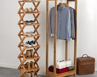 Foldable Bamboo Shoe Rack, Adjustable Multi-Tier Rustic Organizer, Space Saving Plant Stand