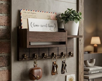 Wall Mounted Key Holder with Shelf – Entryway Organizer, Rustic Wall Mail Rack